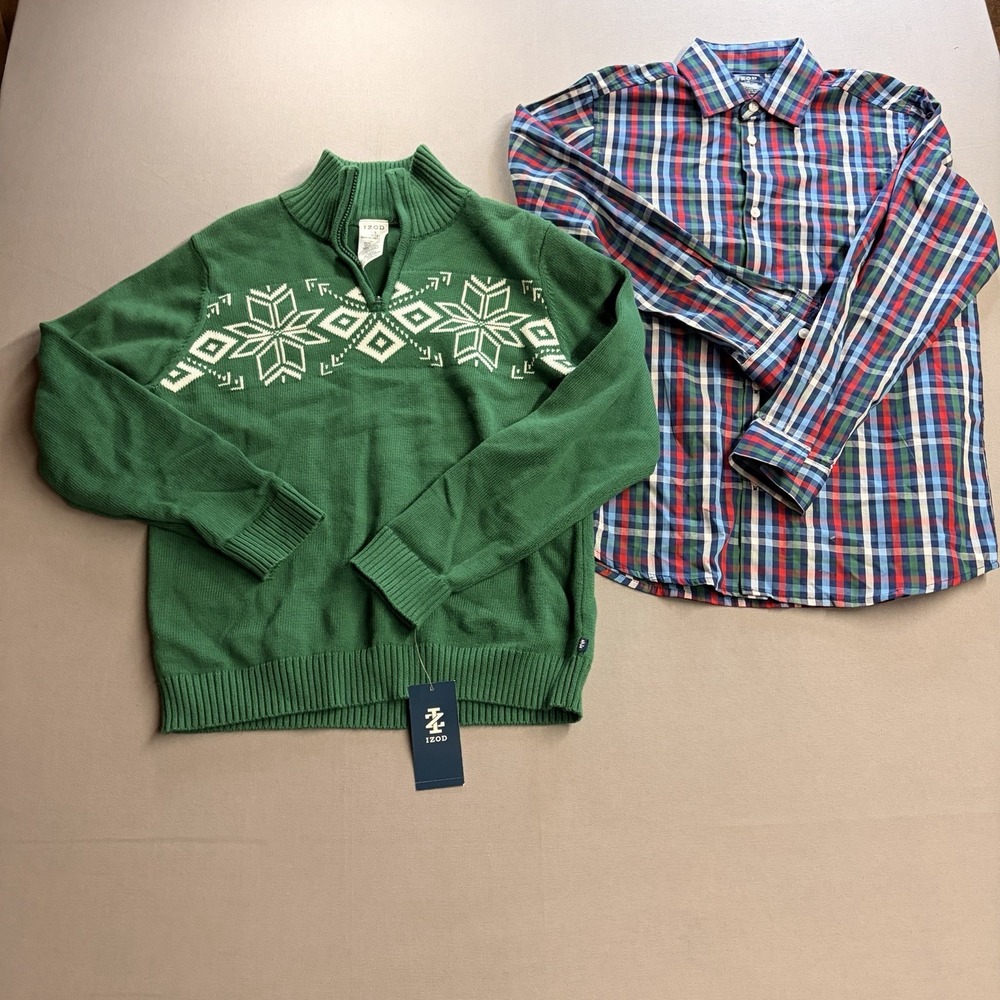 IZOD Boys 2 Piece Set L 14/16 Green 1/4 Zip Sweater Plaid Shirt
